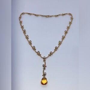 Vtg Avon NR  Rhinestone Facet Cut Orange Lucite Gold Tone Necklace 16” + 2” Drop